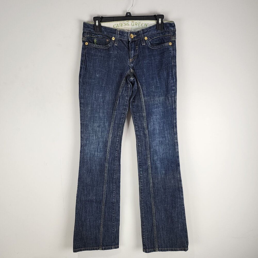 Vintage Guess Green Logo USA Made Denim Jeans Size 29 Dark Wash